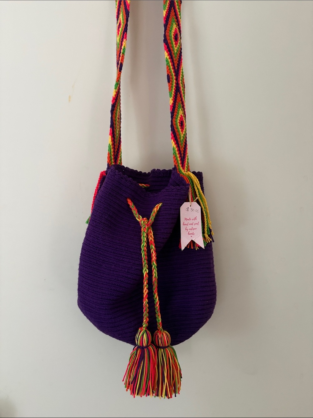 Handwoven Purple Crossbody Bucket Bag with Colorful Braided Strap